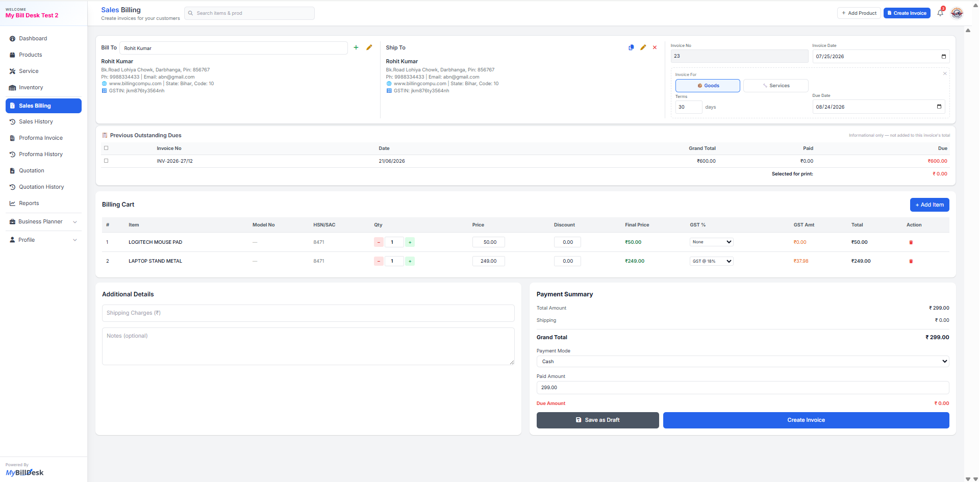 Sales billing